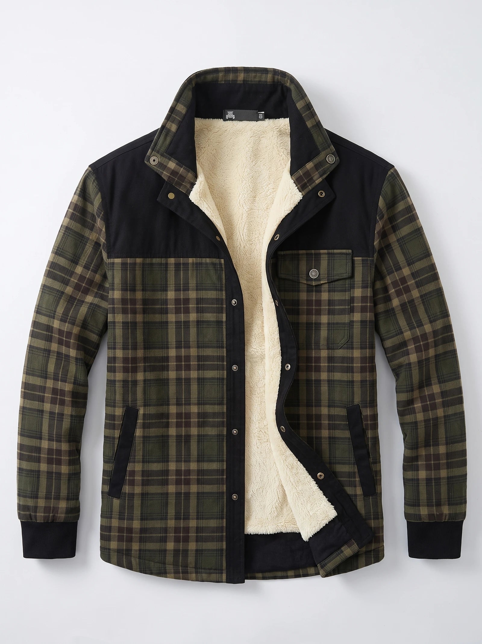 Men's Fleece Lined Check Shirt Jacket, Green Brown Autumn Jacket