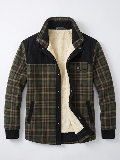 Men's Fleece Lined Check Shirt Jacket, Green Brown Autumn Jacket