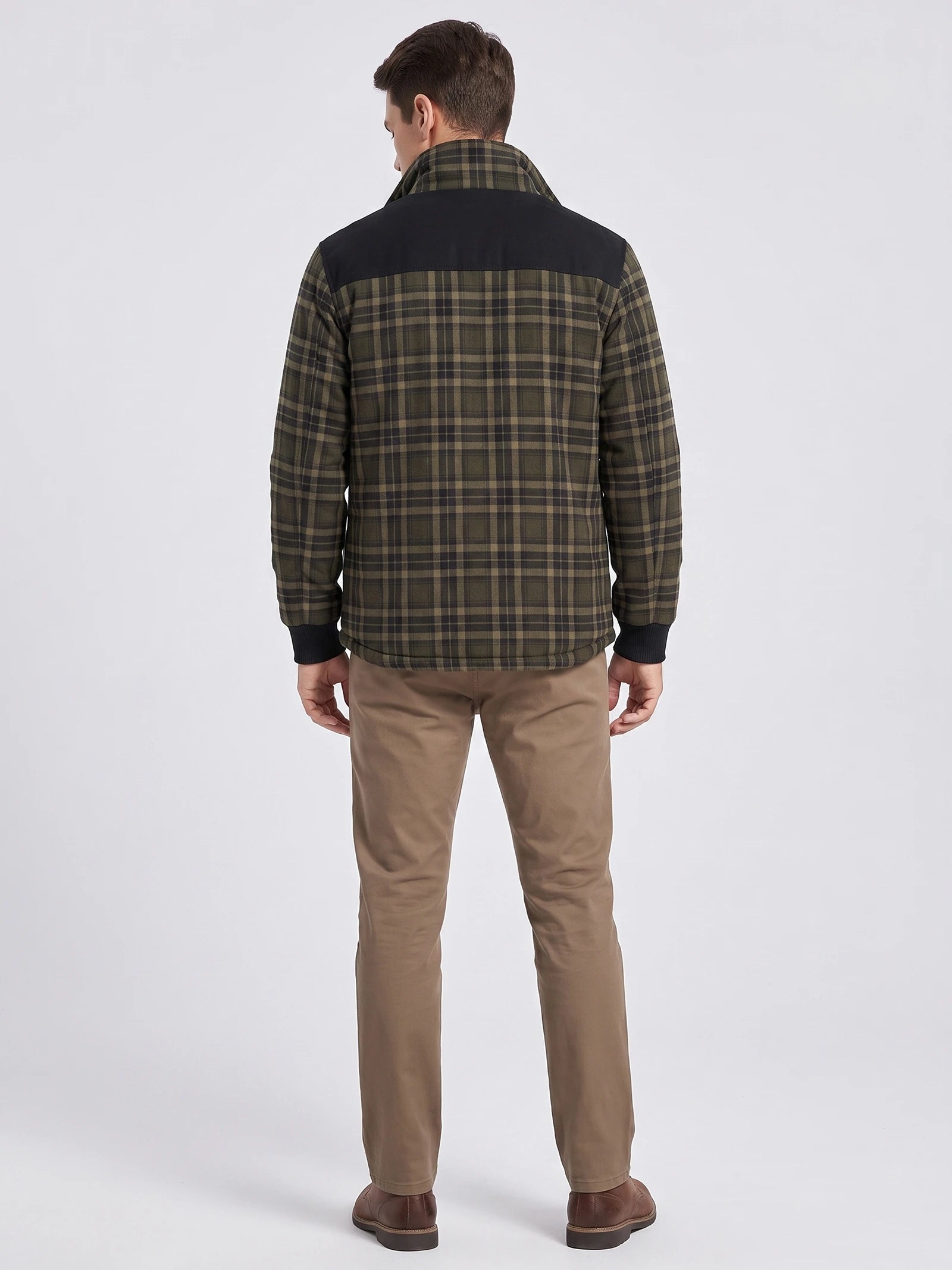 Men's Fleece Lined Check Shirt Jacket, Green Brown Autumn Jacket