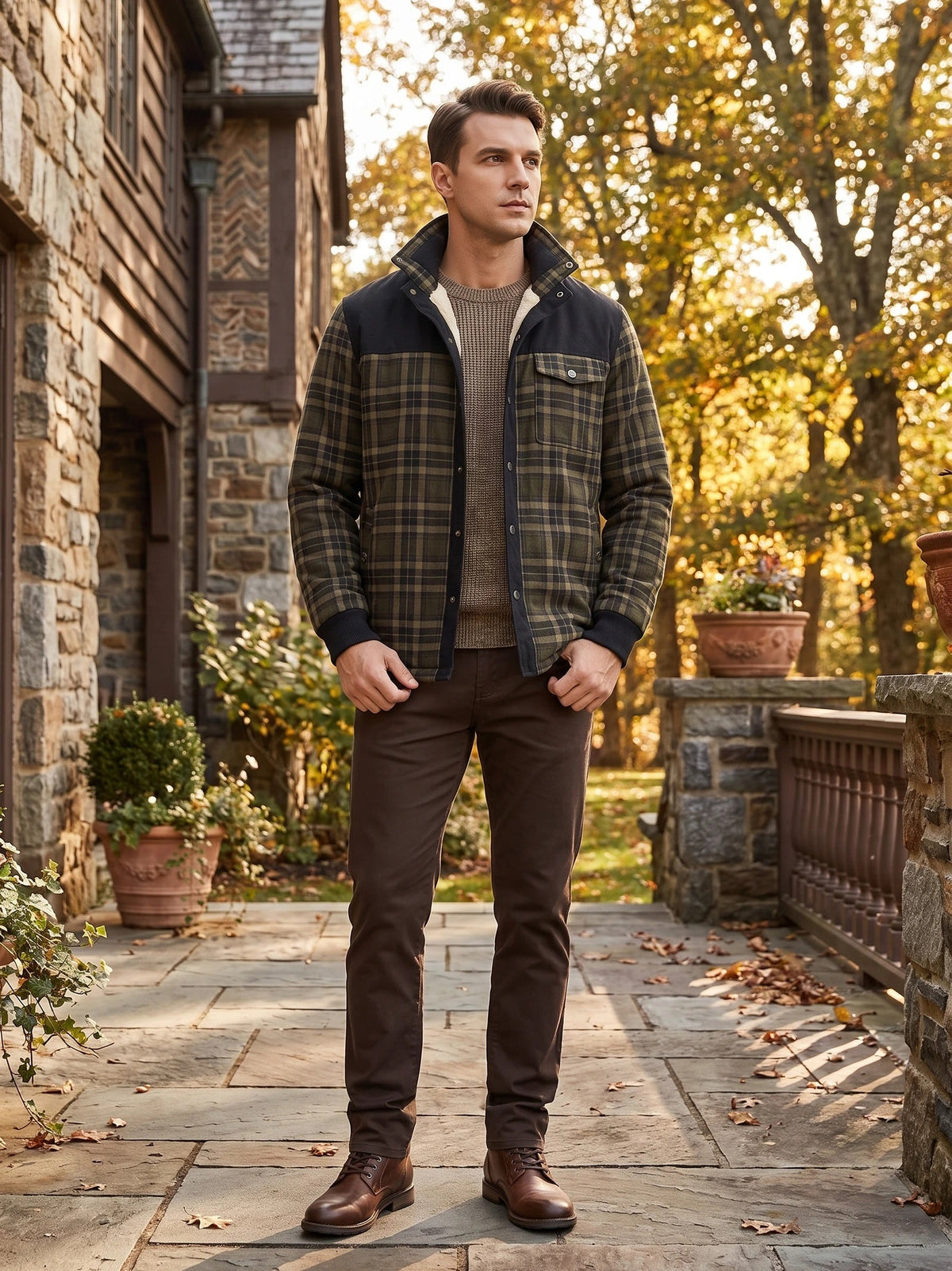 Men's Fleece Lined Check Shirt Jacket, Green Brown Autumn Jacket