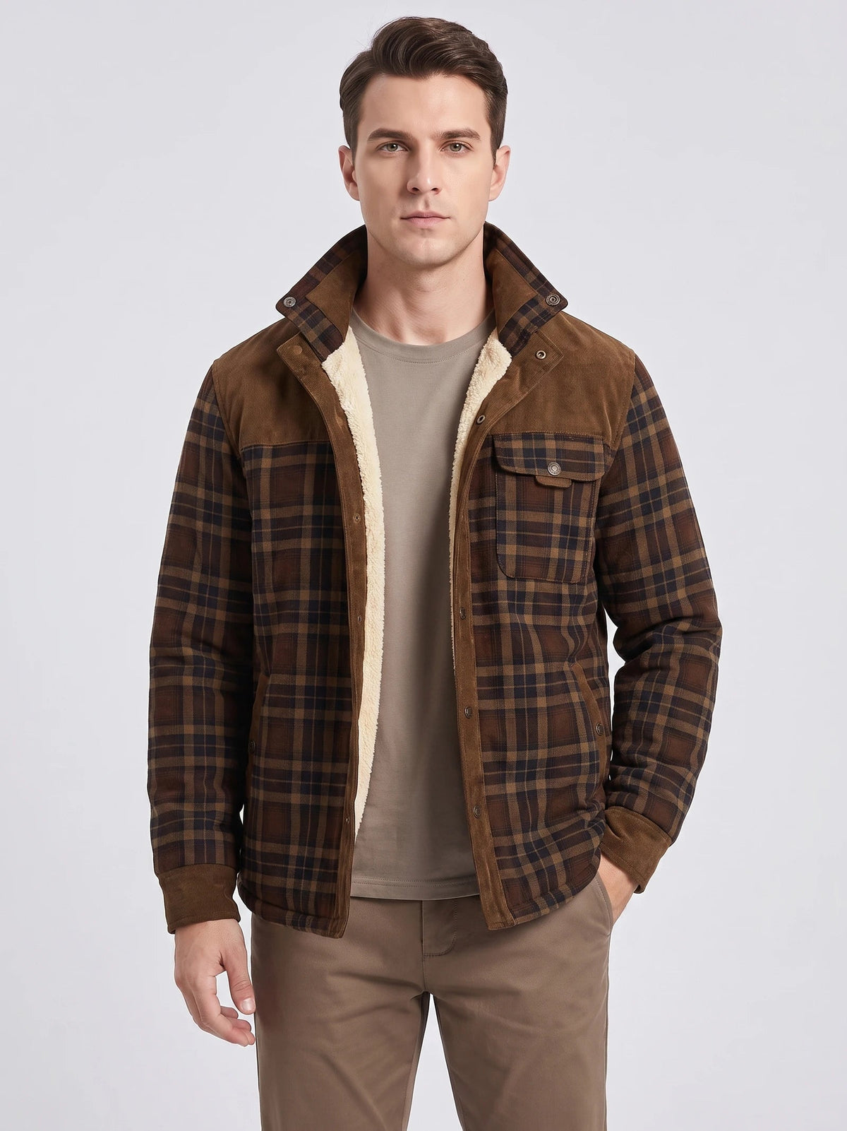 Men's Fleece Lined Check Shirt Jacket, Green Brown Autumn Jacket