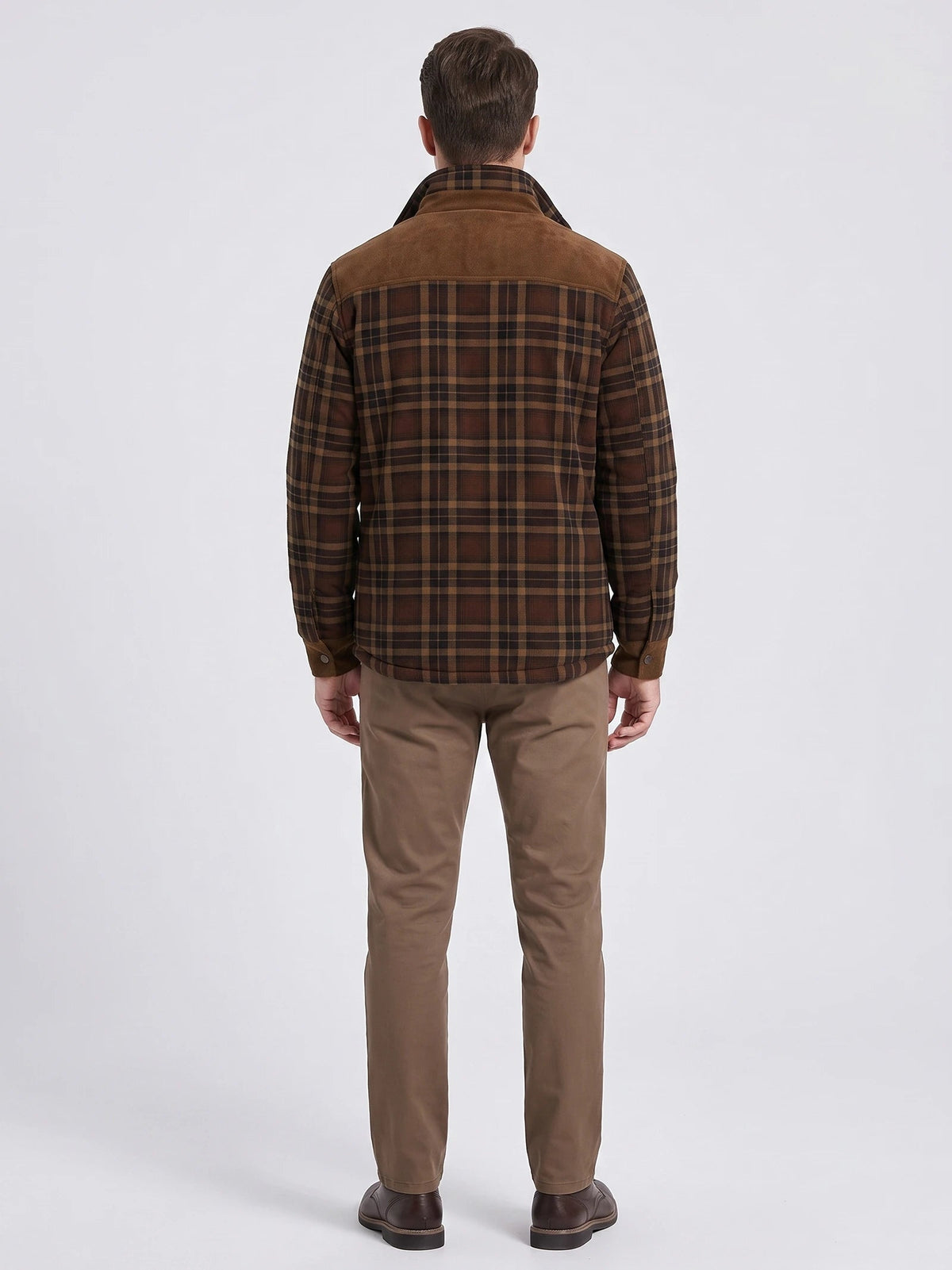 Men's Fleece Lined Check Shirt Jacket, Green Brown Autumn Jacket