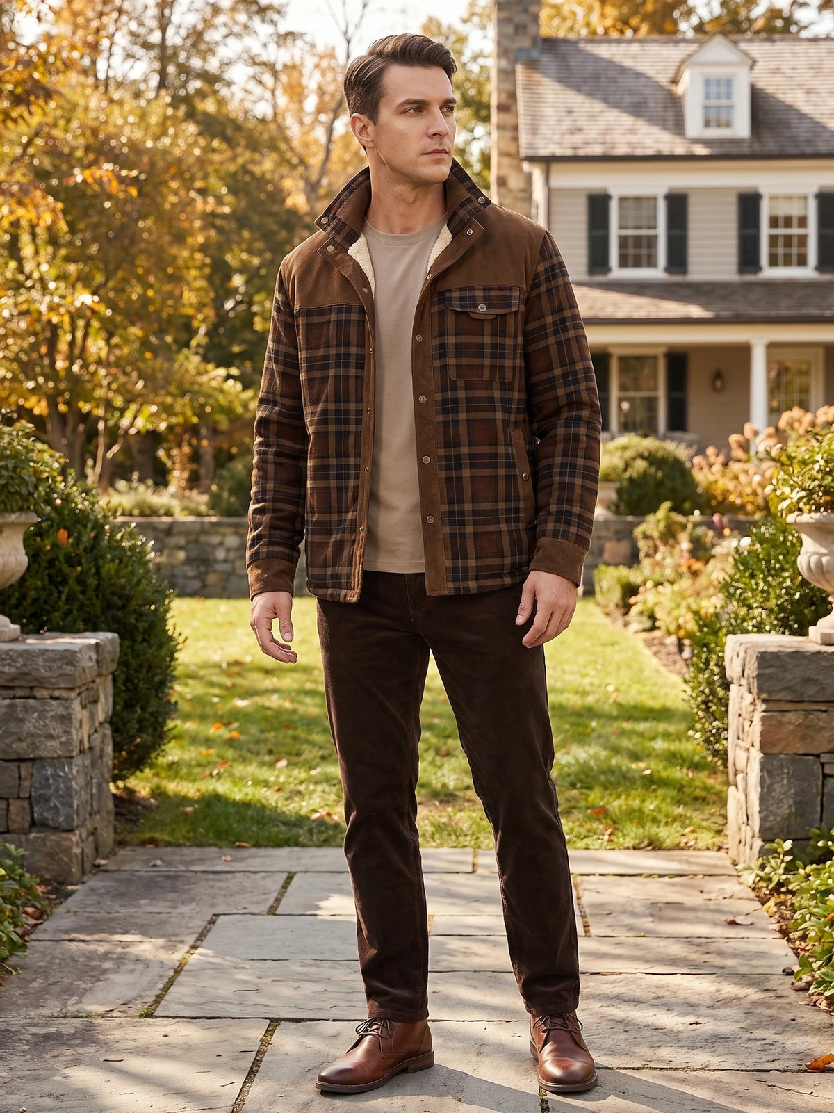 Men's Fleece Lined Check Shirt Jacket, Green Brown Autumn Jacket