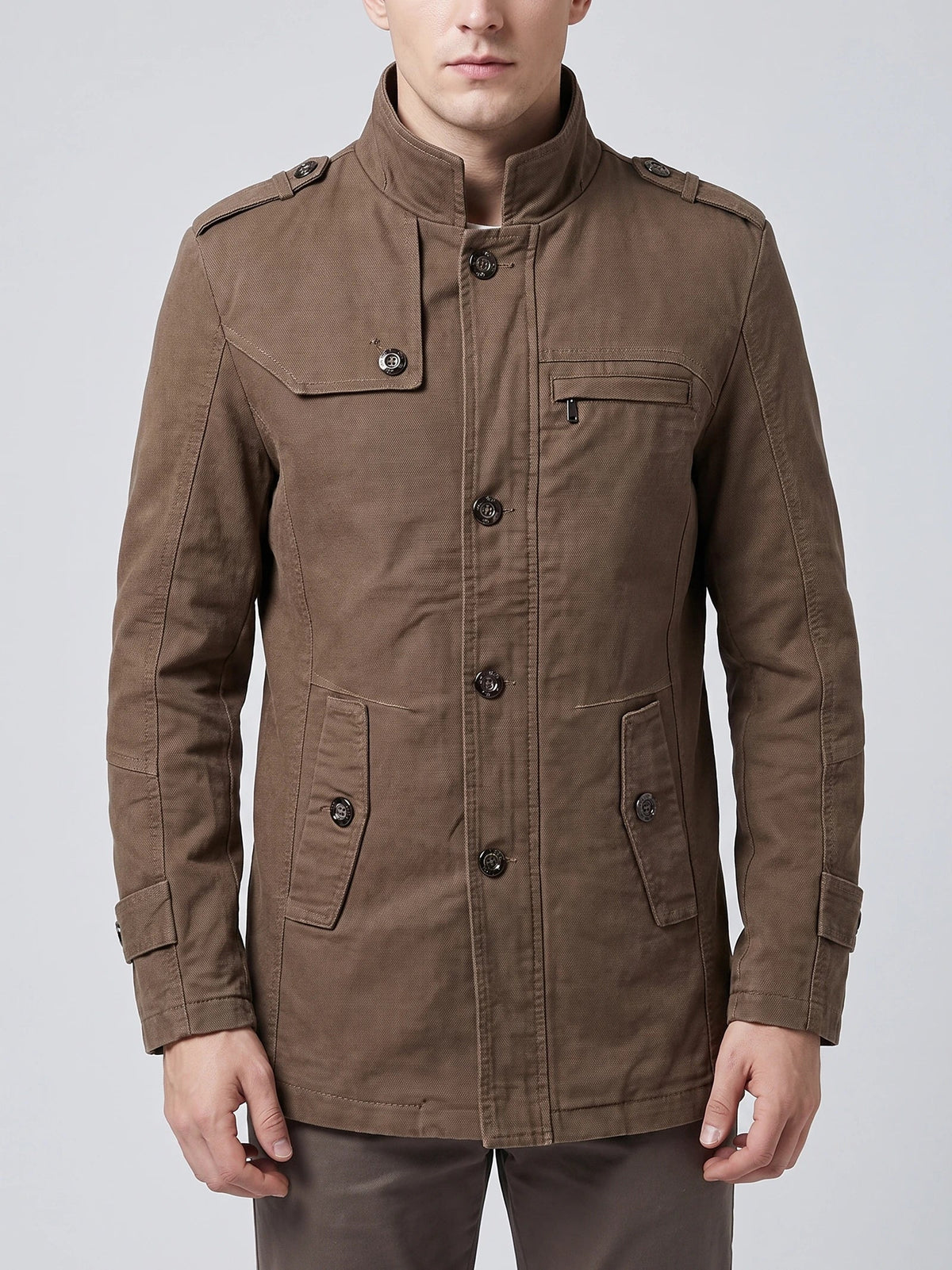 Men's Autumn Trench Coat, Brown Cotton Casual Jacket
