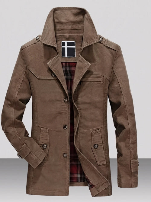 Men's Autumn Trench Coat, Brown Cotton Casual Jacket