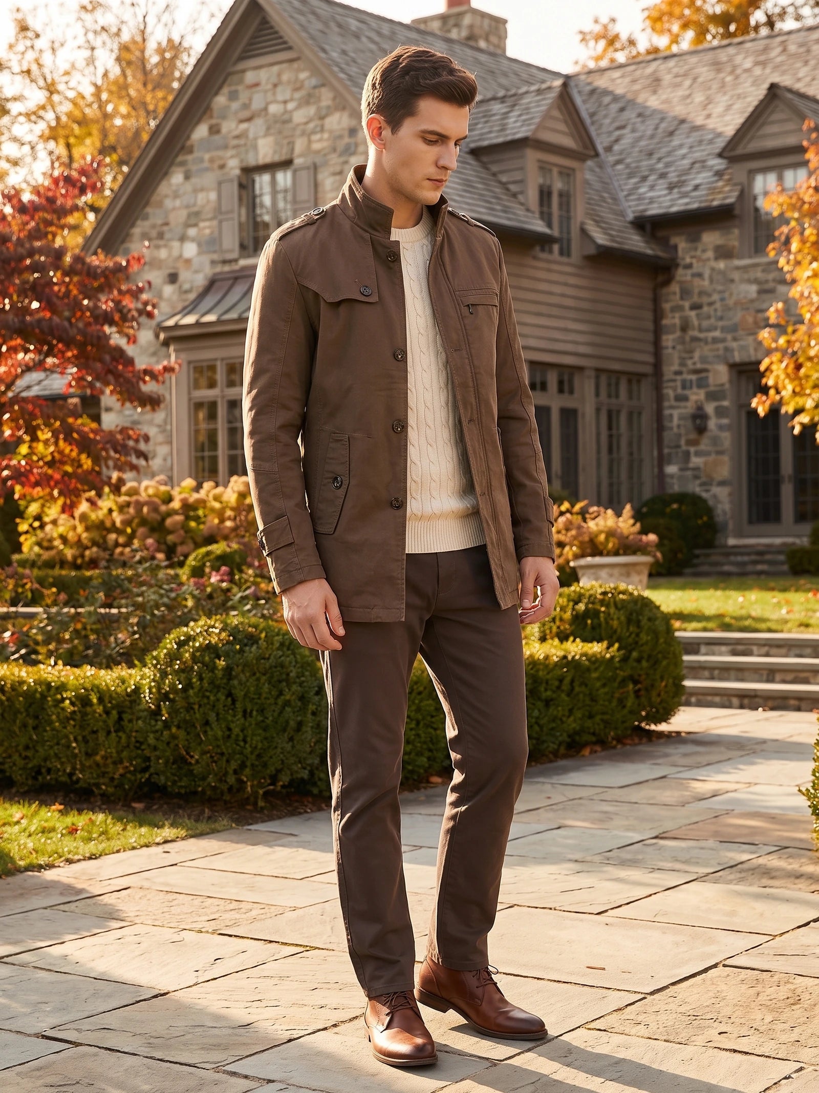 Men's Autumn Trench Coat, Brown Cotton Casual Jacket