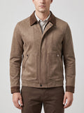 Men's Faux Suede Jacket, Brown Zip-Up Lapel Collar Autumn Jacket with Ribbed Cuffs