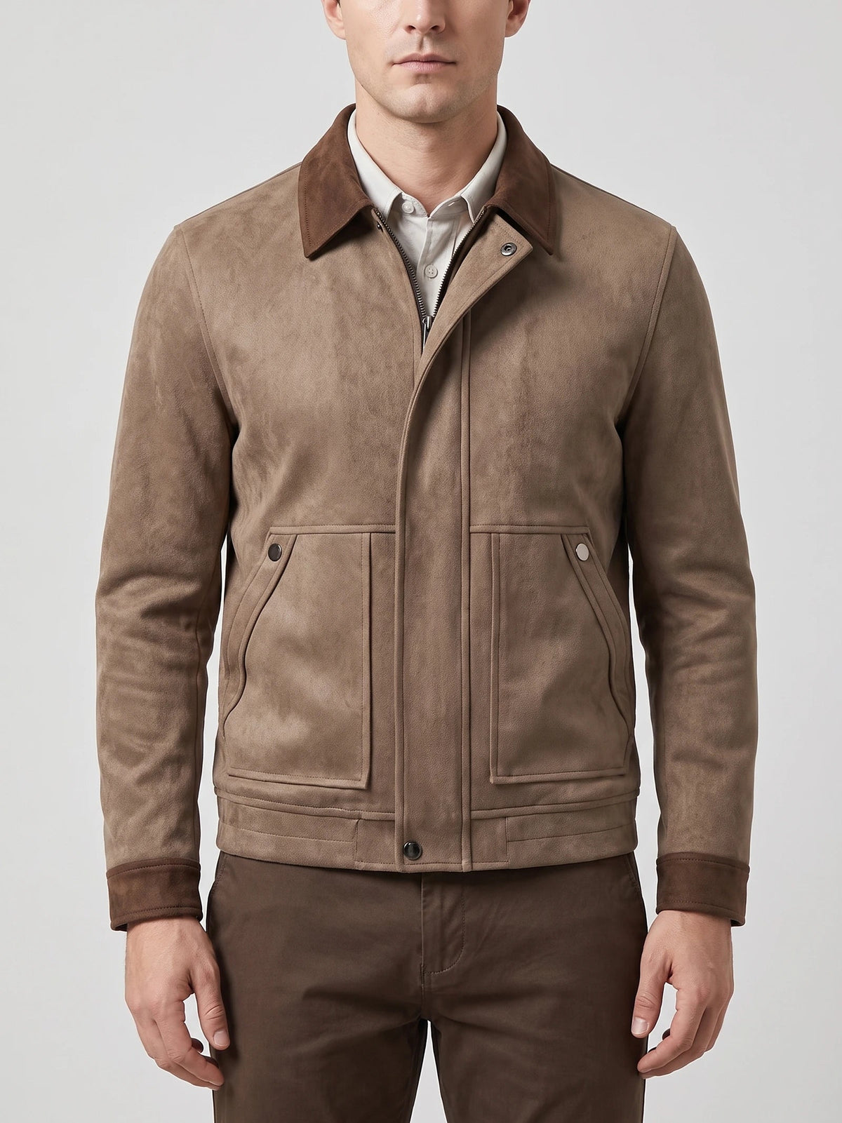 Men's Faux Suede Jacket, Brown Zip-Up Lapel Collar Autumn Jacket with Ribbed Cuffs