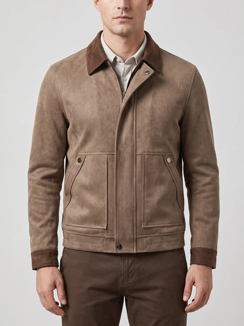 Men's Faux Suede Jacket, Brown Zip-Up Lapel Collar Autumn Jacket with Ribbed Cuffs