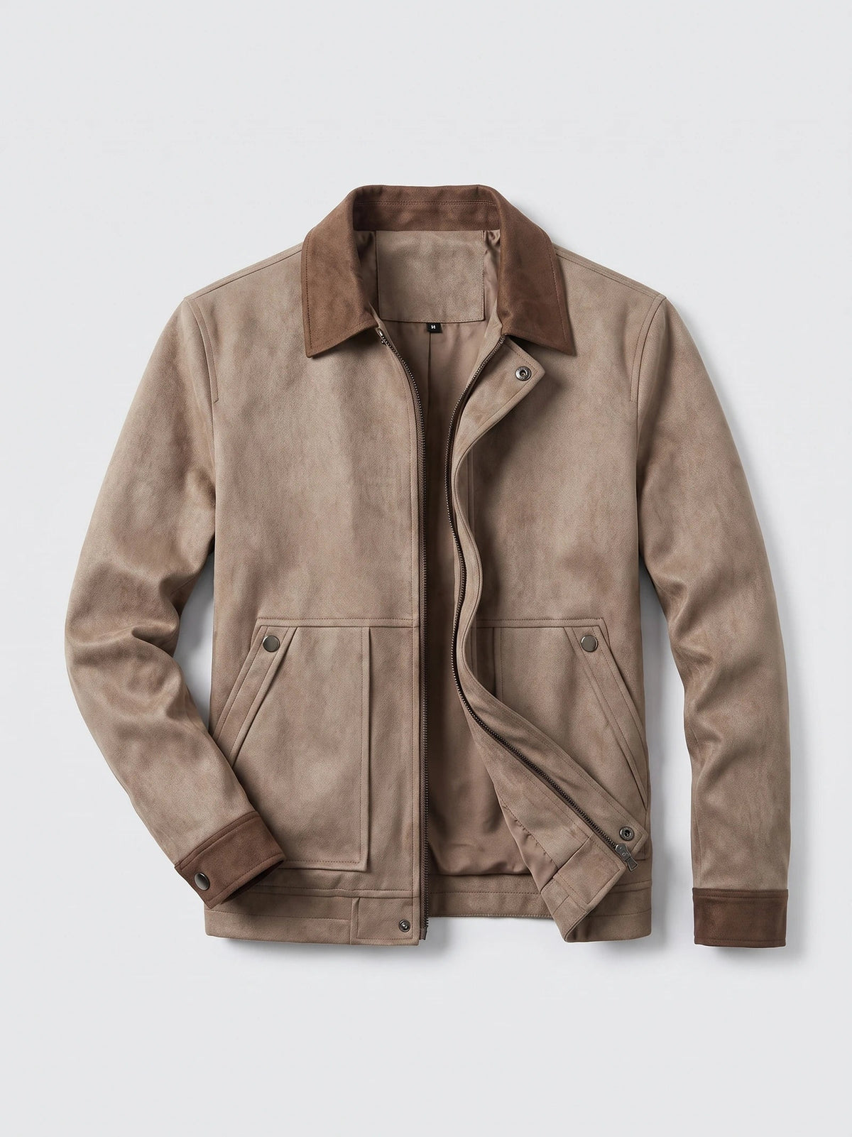Men's Faux Suede Jacket, Brown Zip-Up Lapel Collar Autumn Jacket with Ribbed Cuffs