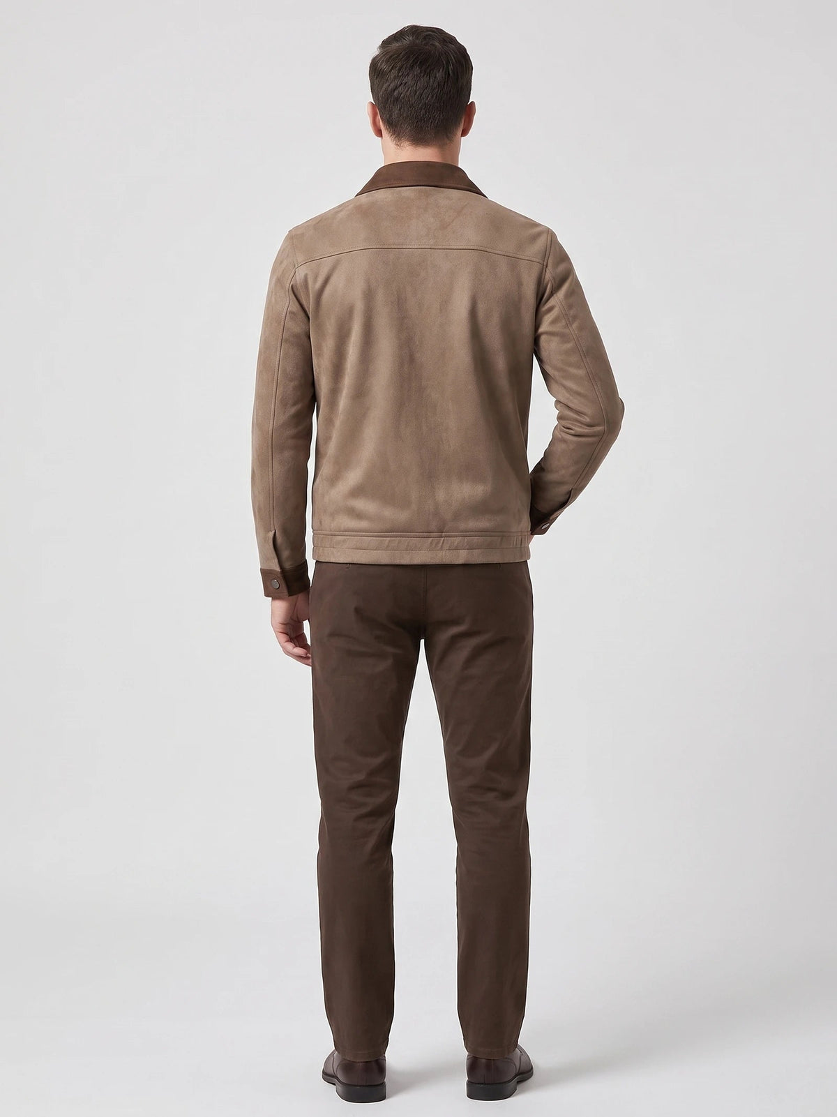 Men's Faux Suede Jacket, Brown Zip-Up Lapel Collar Autumn Jacket with Ribbed Cuffs