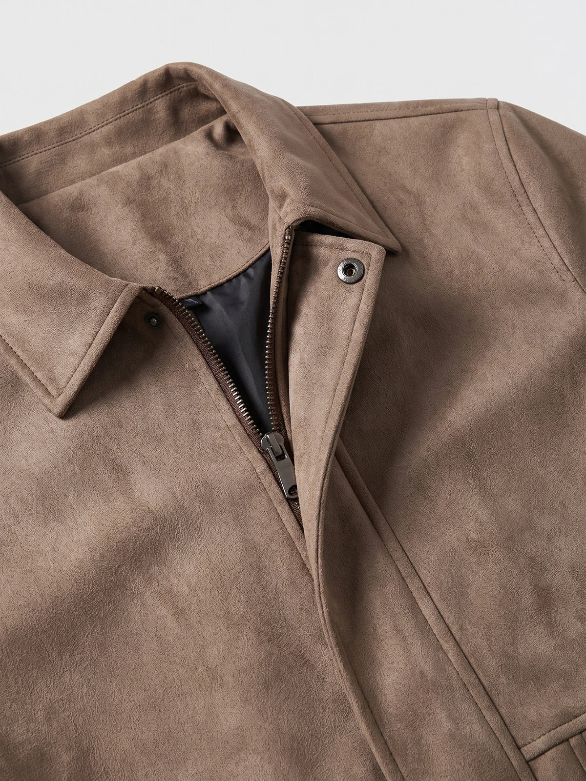 Men's Faux Suede Jacket, Brown Zip-Up Lapel Collar Autumn Jacket with Ribbed Cuffs