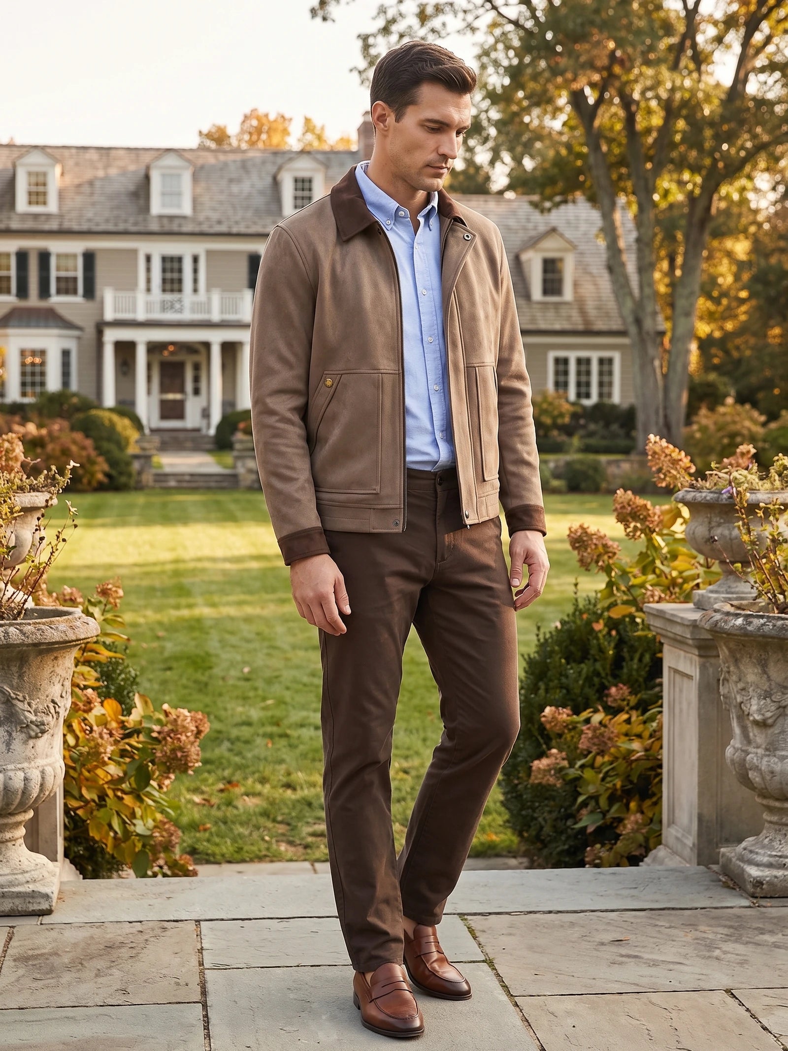 Men's Faux Suede Jacket, Brown Zip-Up Lapel Collar Autumn Jacket with Ribbed Cuffs