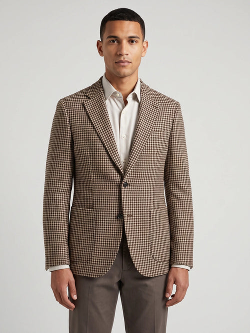 Men's Wool Tweed Blazer, Brown Houndstooth, Autumn Winter Casual Wear