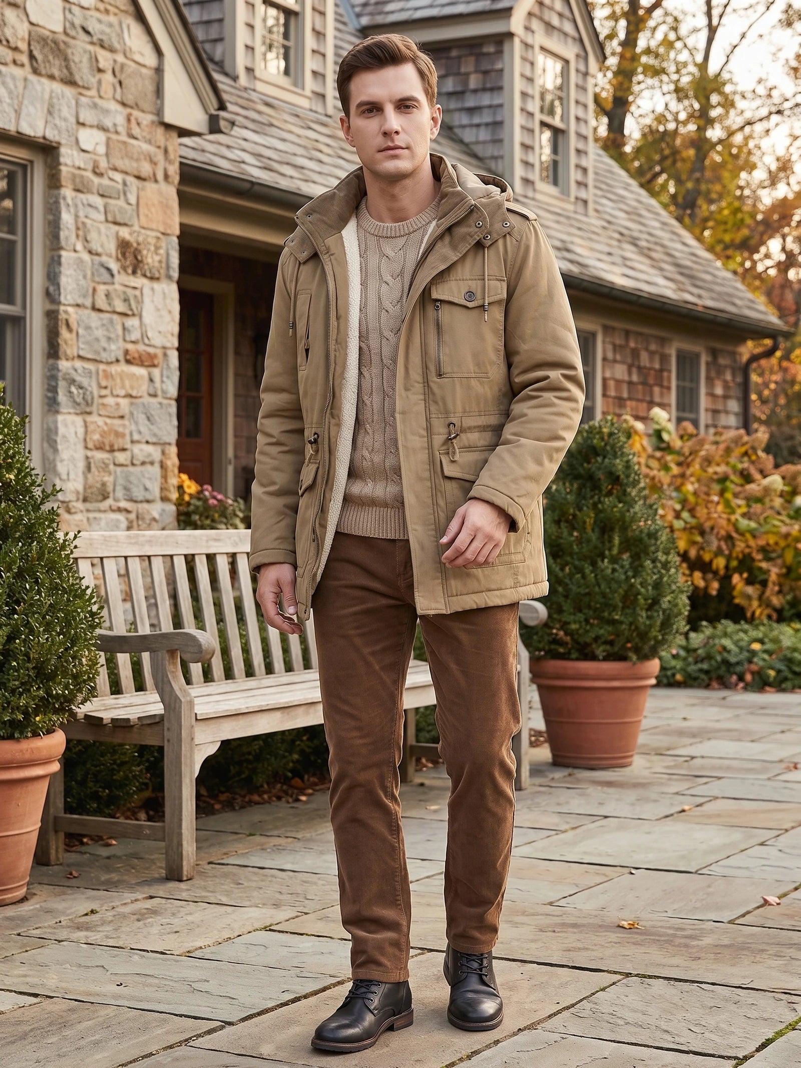 Men's Parkas Hooded Winter Jacket with Fleece Lining and Padding