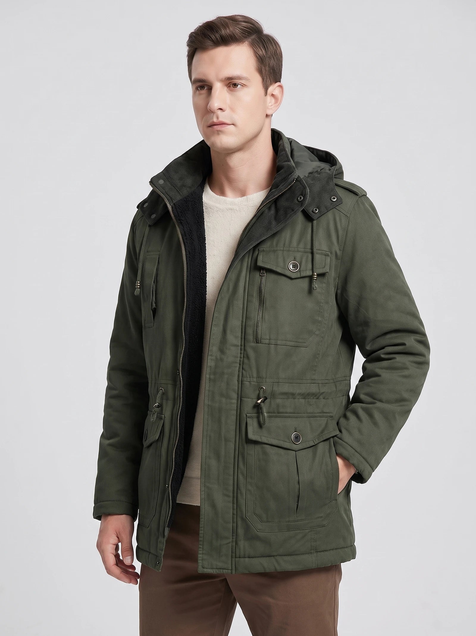 Men's Parkas Hooded Winter Jacket with Fleece Lining and Padding