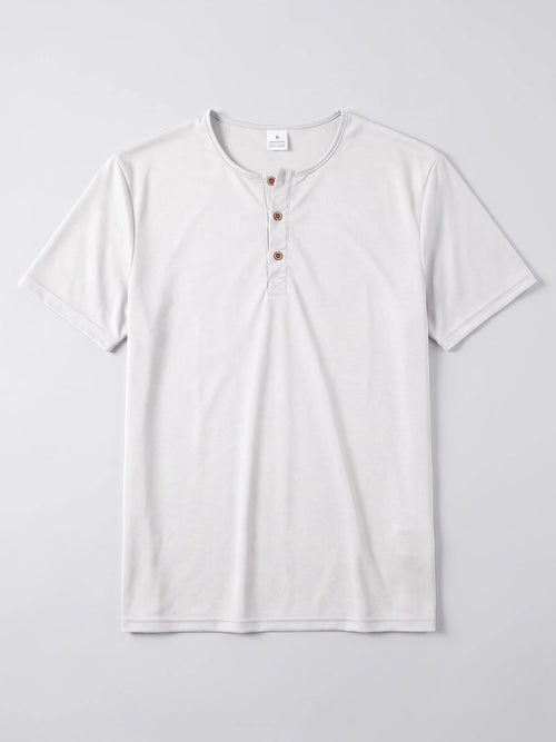 Men's Henley T-Shirt with Button Collar, Short Sleeves, Solid Colour