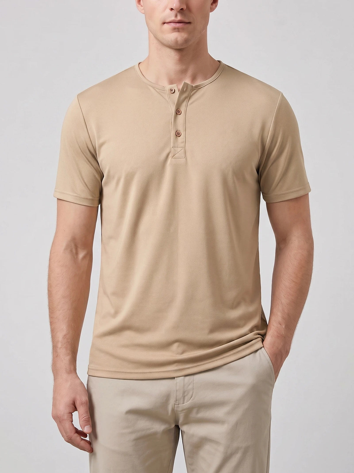 Men's Henley T-Shirt with Button Collar, Short Sleeves, Solid Colour