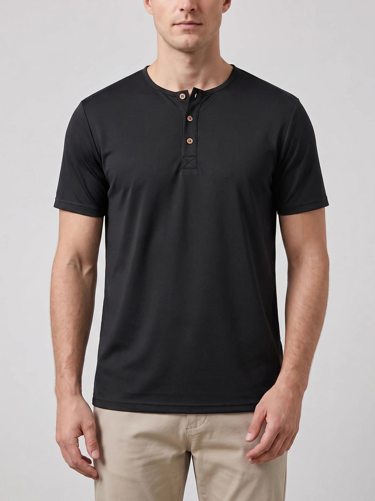 Men's Henley T-Shirt with Button Collar, Short Sleeves, Solid Colour