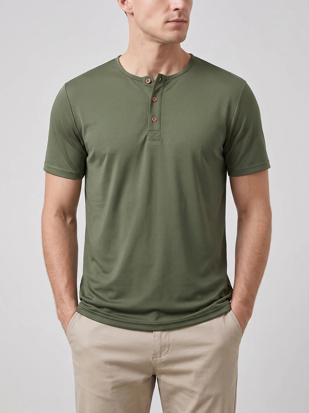 Men's Henley T-Shirt with Button Collar, Short Sleeves, Solid Colour