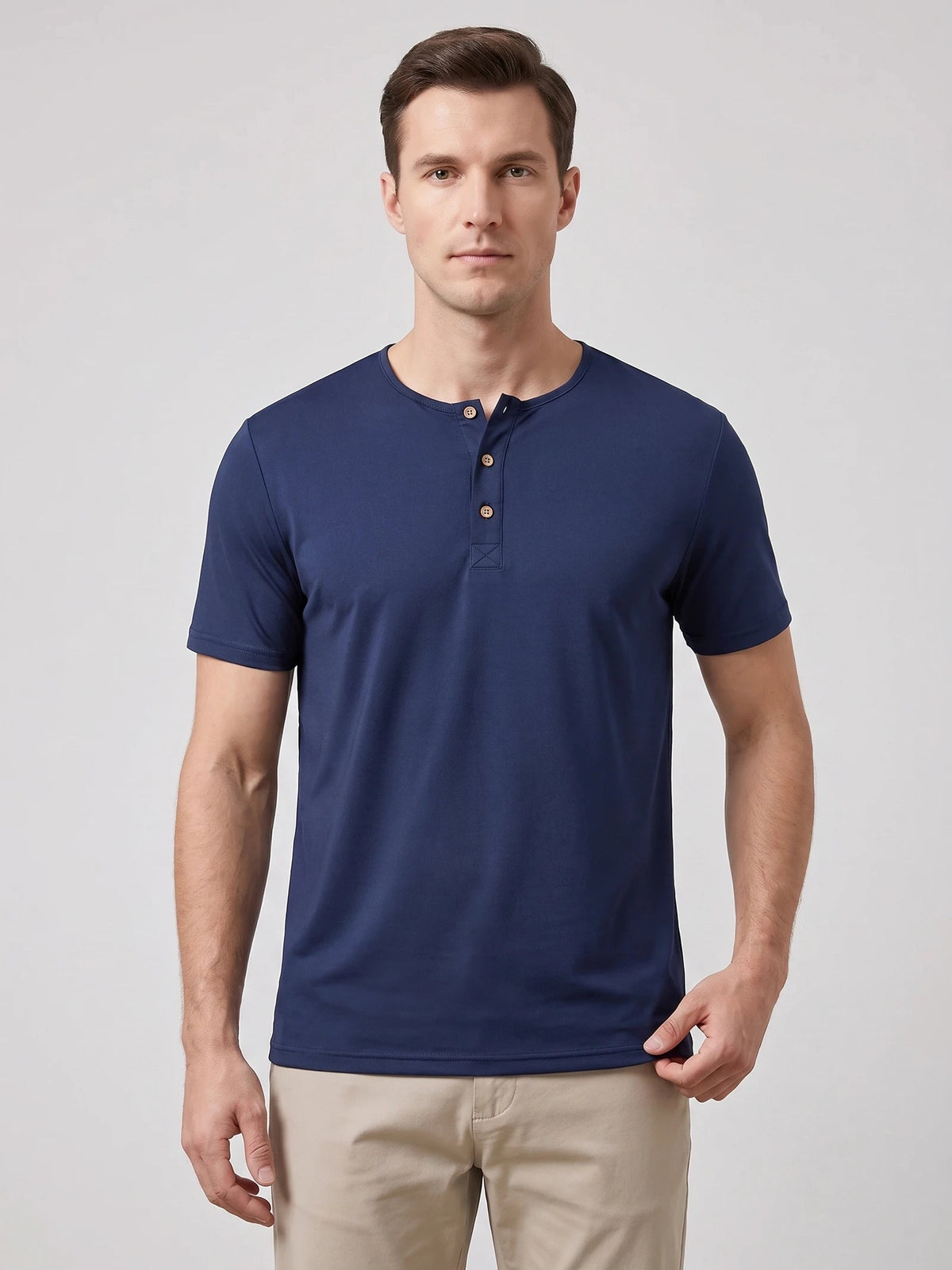 Men's Henley T-Shirt with Button Collar, Short Sleeves, Solid Colour