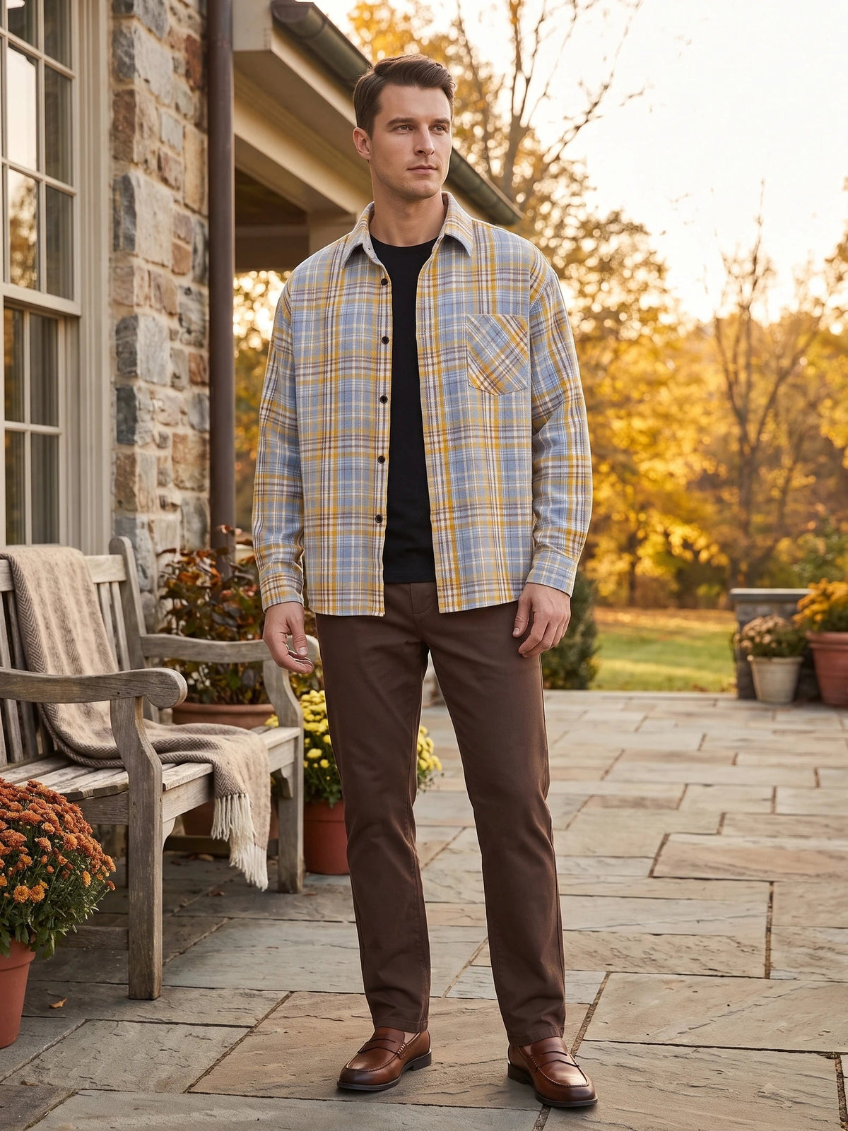 Men's Check Flannel Shirt, Long Sleeve Autumn Winter Shirt