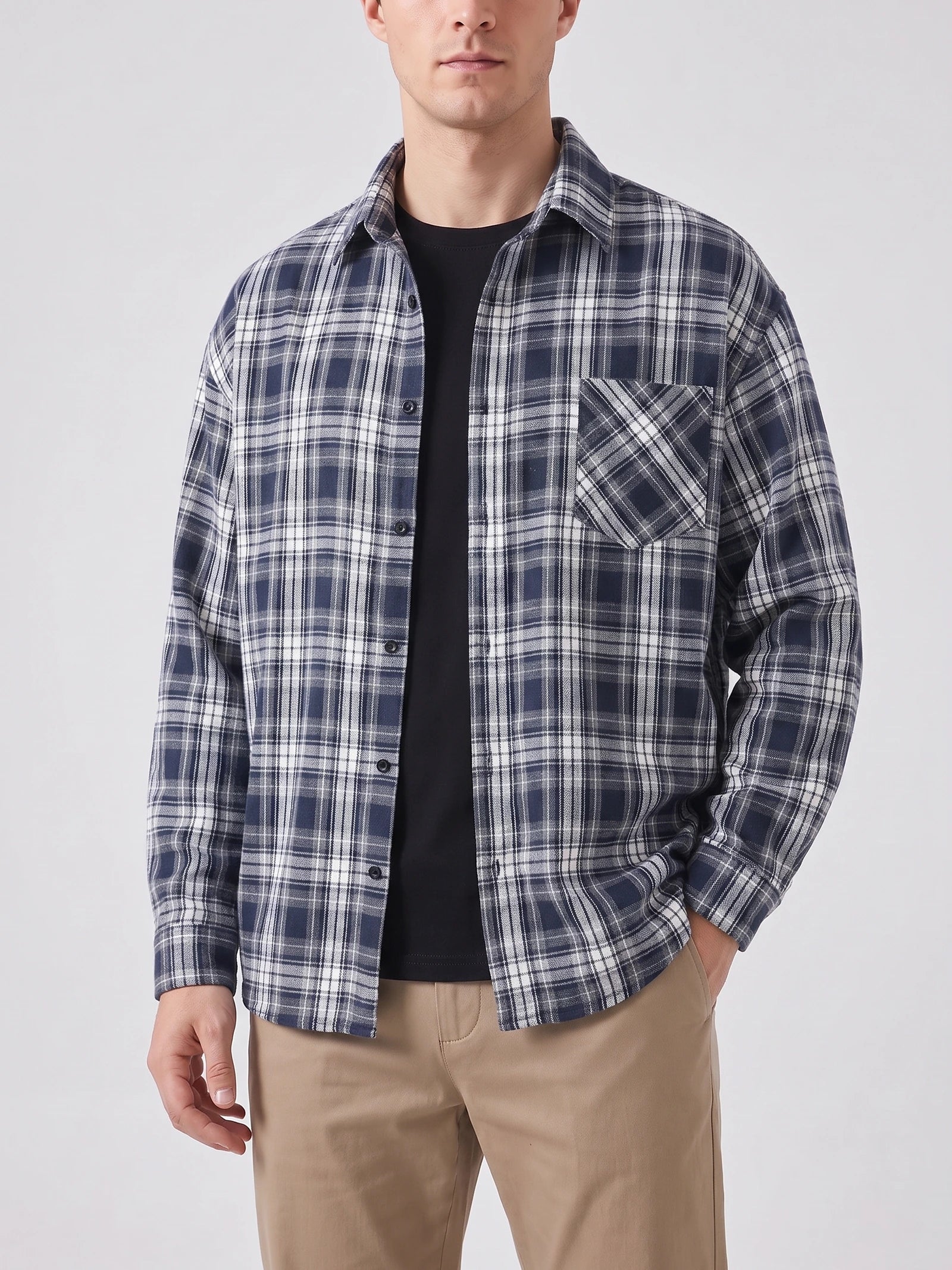 Men's Check Flannel Shirt, Long Sleeve Autumn Winter Shirt