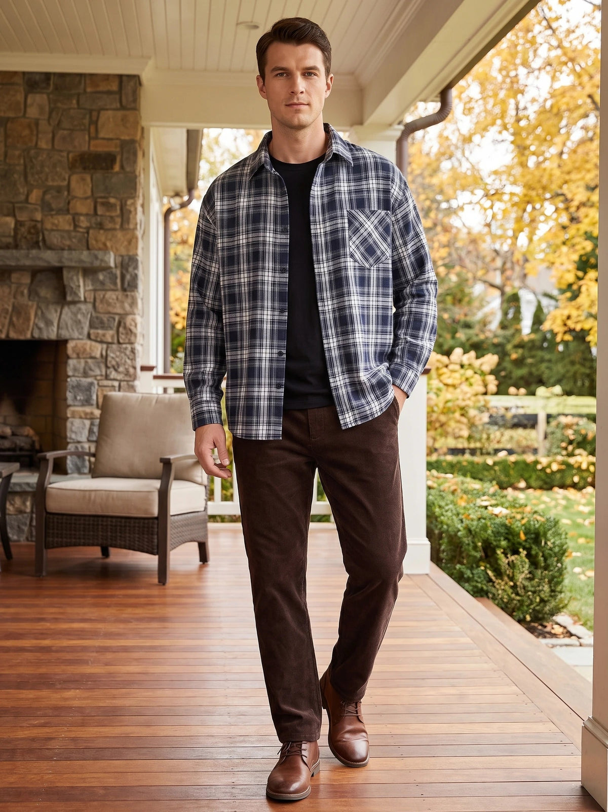 Men's Check Flannel Shirt, Long Sleeve Autumn Winter Shirt