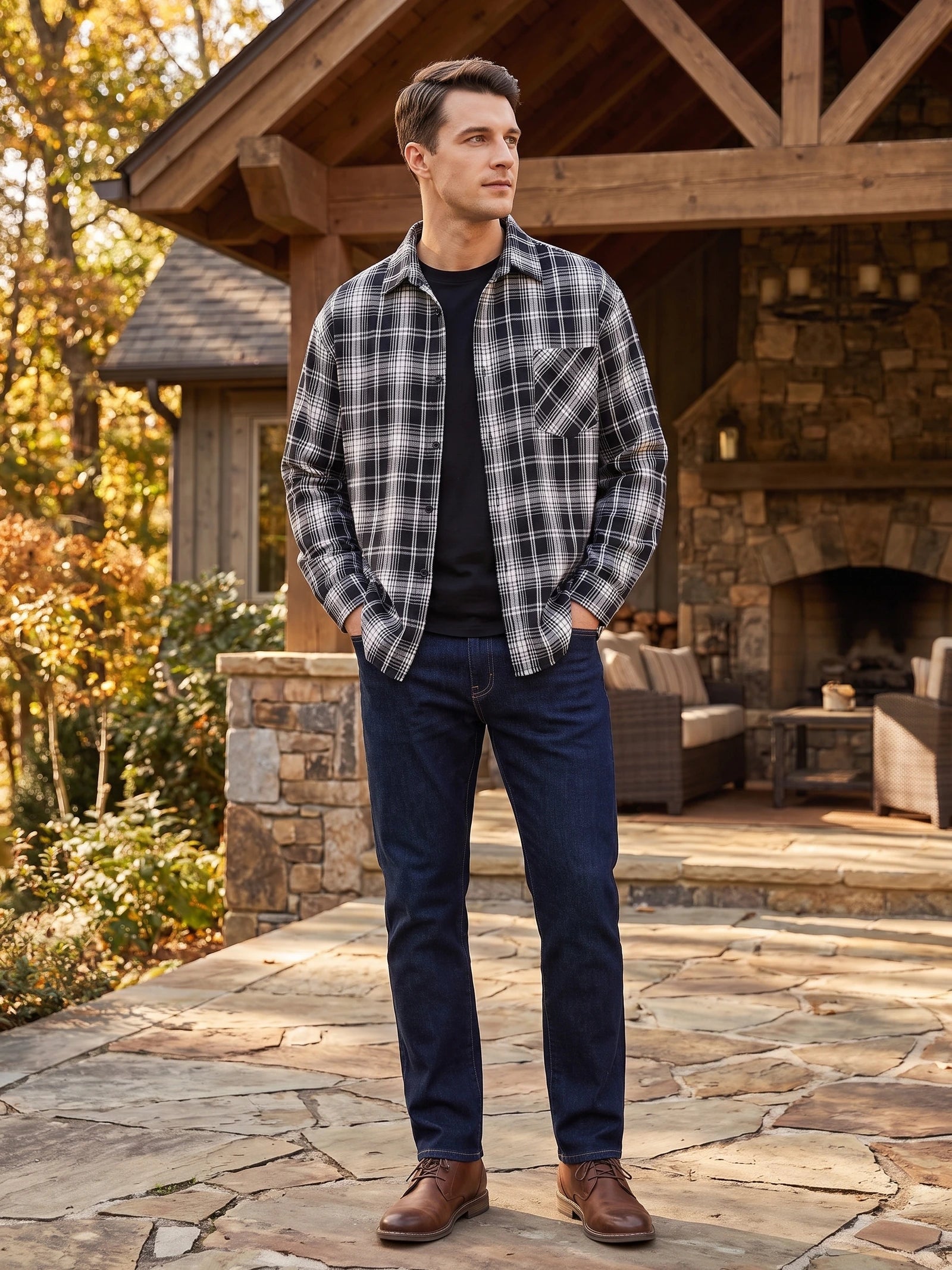 Men's Check Flannel Shirt, Long Sleeve Autumn Winter Shirt