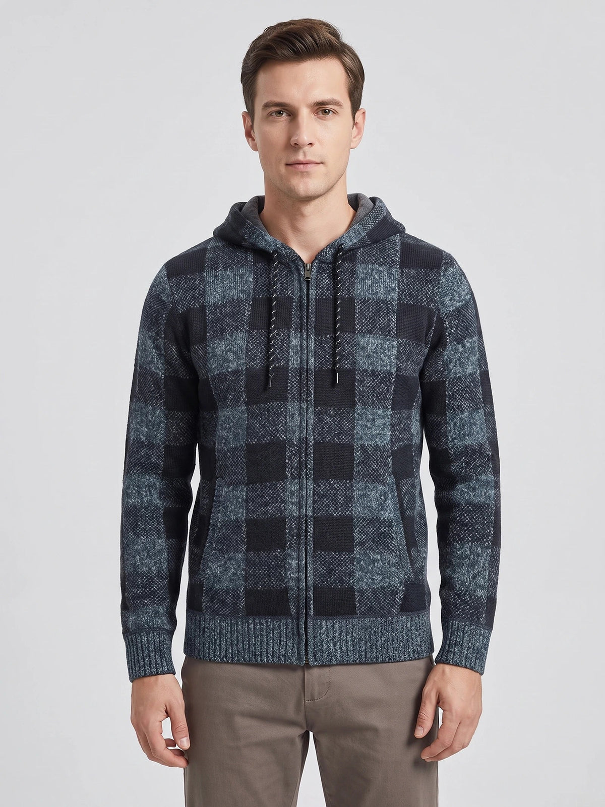 Men's Check Flannel Hooded Fleece Jacket for Autumn Winter Casual Wear