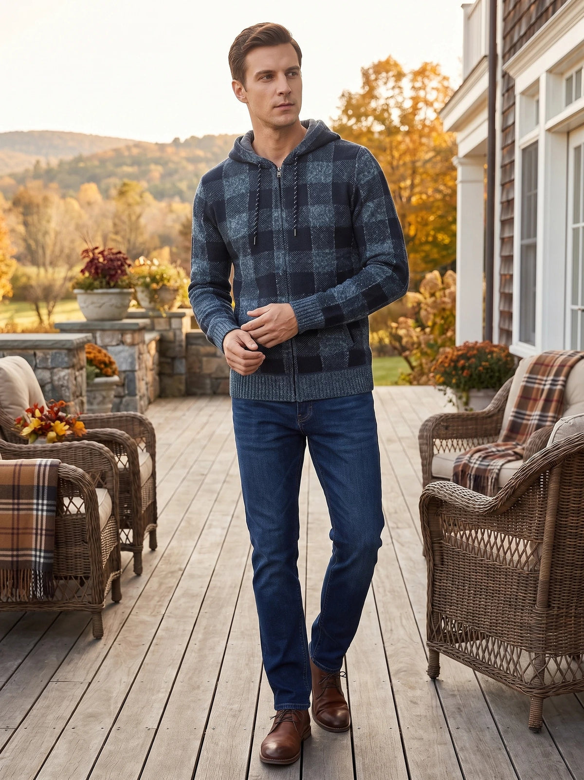 Men's Check Flannel Hooded Fleece Jacket for Autumn Winter Casual Wear