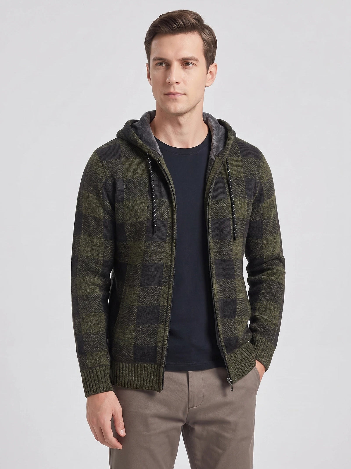Men's Check Flannel Hooded Fleece Jacket for Autumn Winter Casual Wear