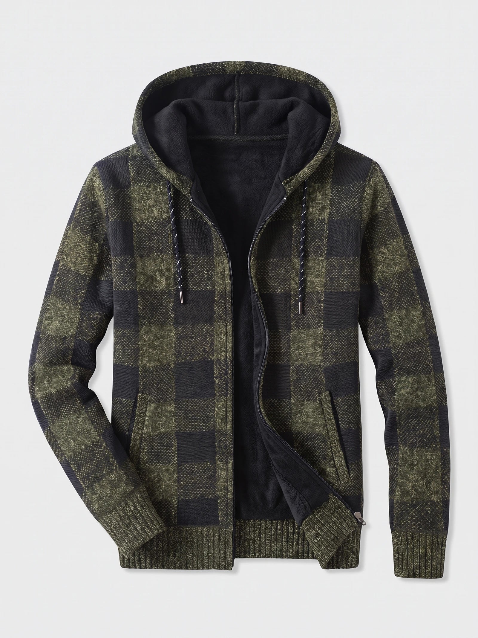 Men's Check Flannel Hooded Fleece Jacket for Autumn Winter Casual Wear