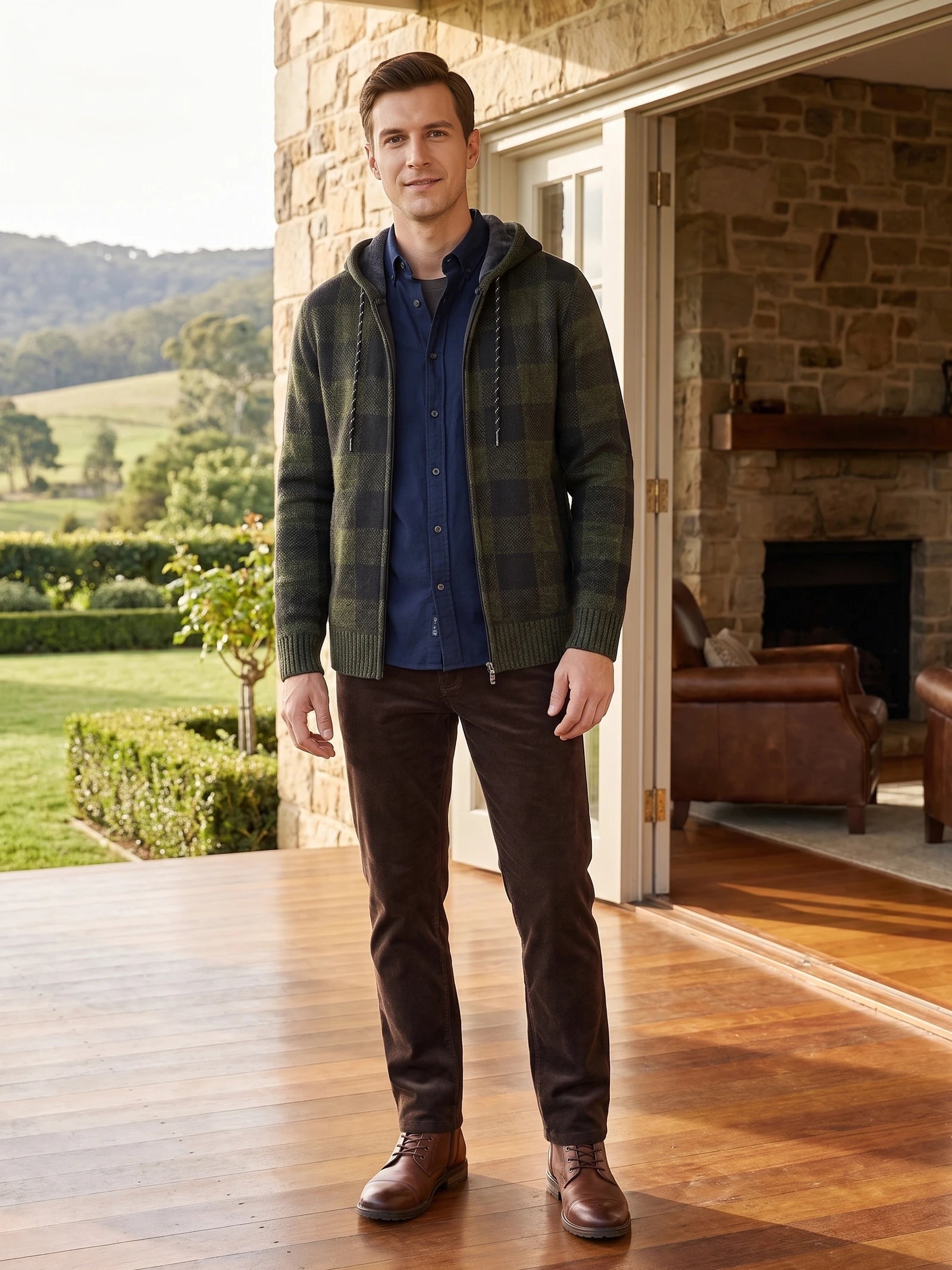 Men's Check Flannel Hooded Fleece Jacket for Autumn Winter Casual Wear