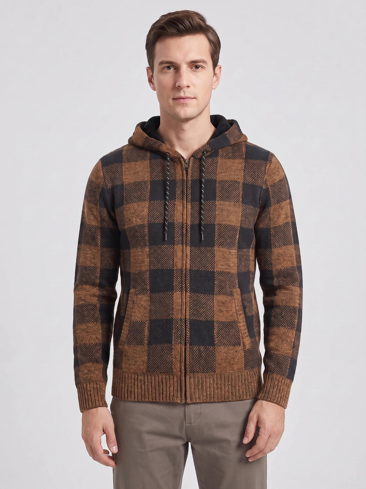 Men's Check Flannel Hooded Fleece Jacket for Autumn Winter Casual Wear