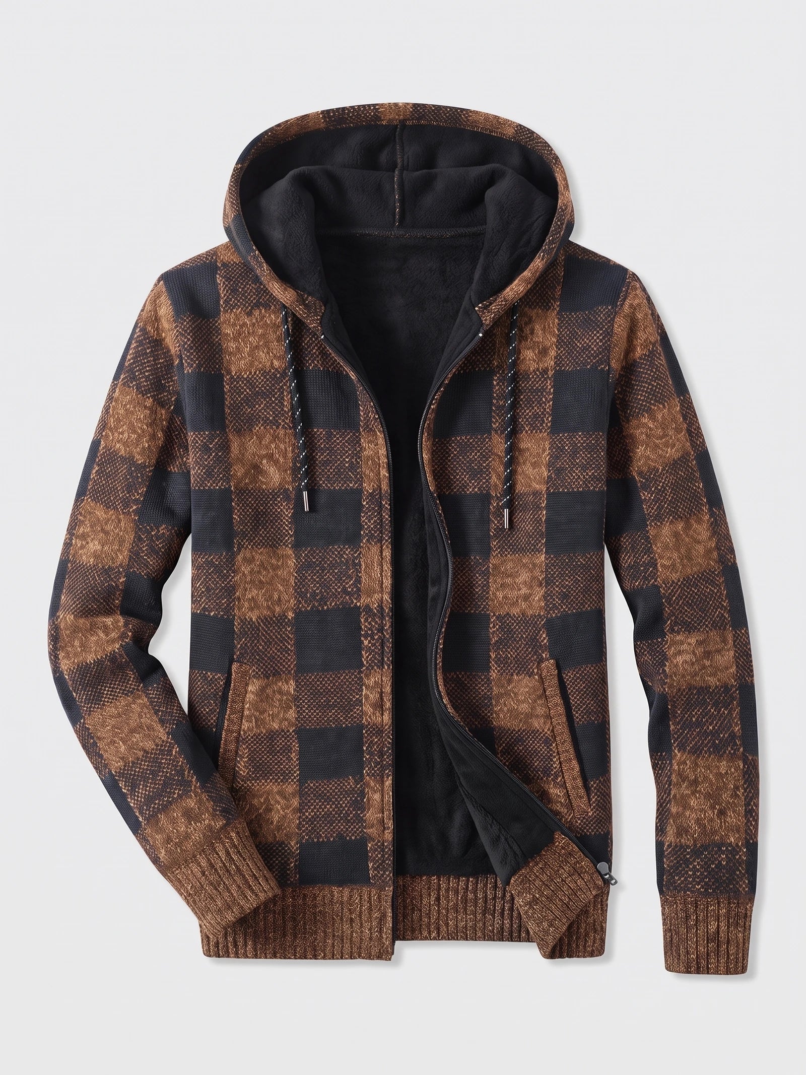 Men's Check Flannel Hooded Fleece Jacket for Autumn Winter Casual Wear