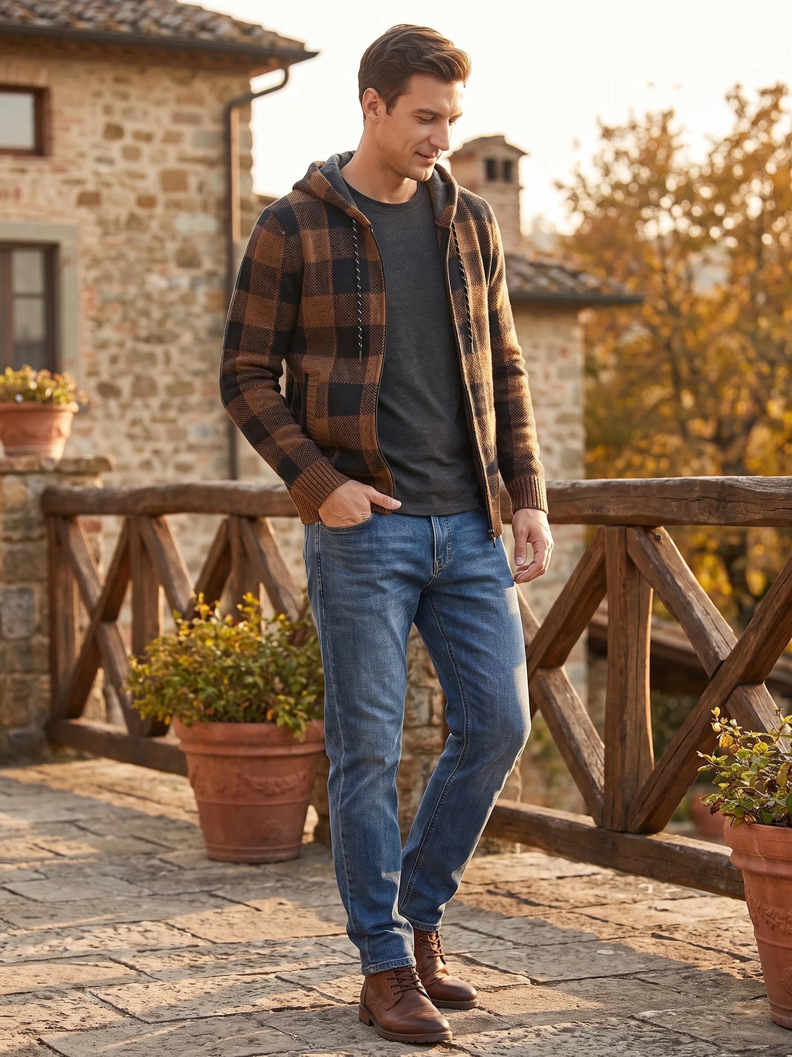 Men's Check Flannel Hooded Fleece Jacket for Autumn Winter Casual Wear