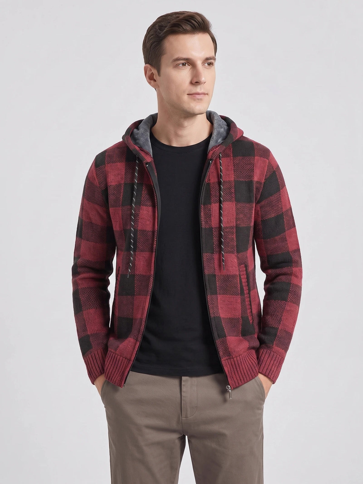 Men's Check Flannel Hooded Fleece Jacket for Autumn Winter Casual Wear