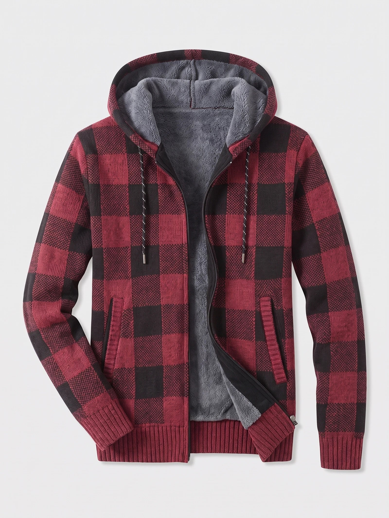 Men's Check Flannel Hooded Fleece Jacket for Autumn Winter Casual Wear