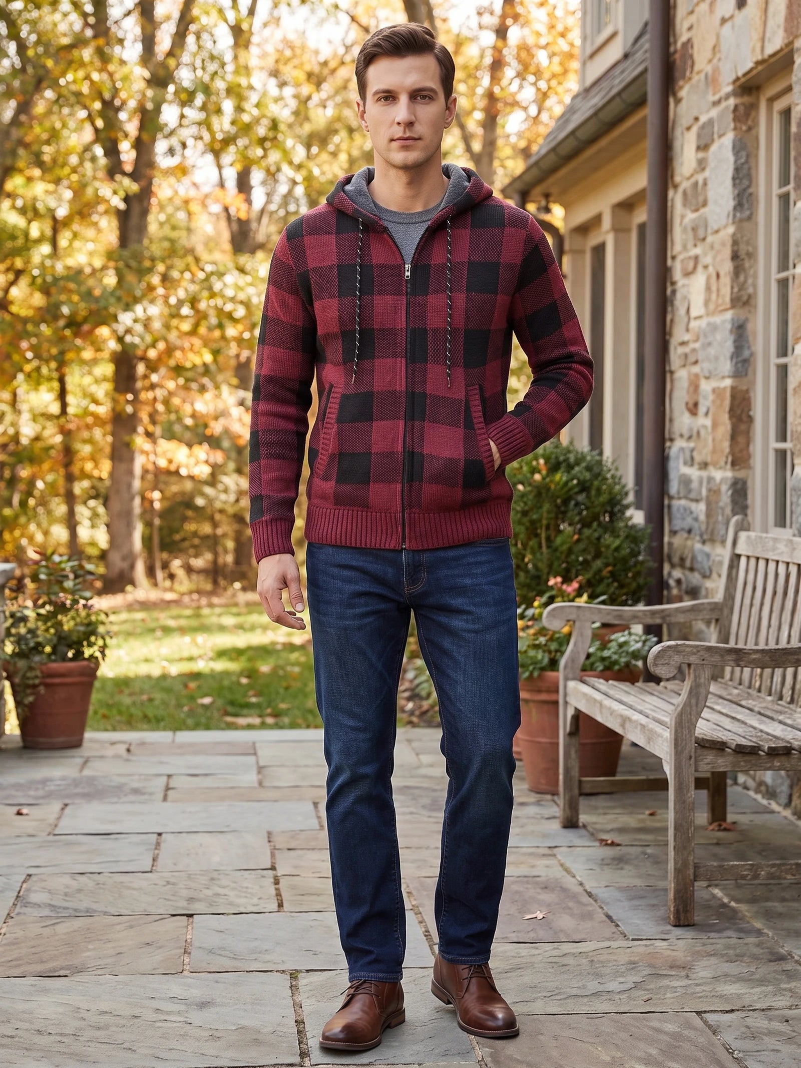 Men's Check Flannel Hooded Fleece Jacket for Autumn Winter Casual Wear