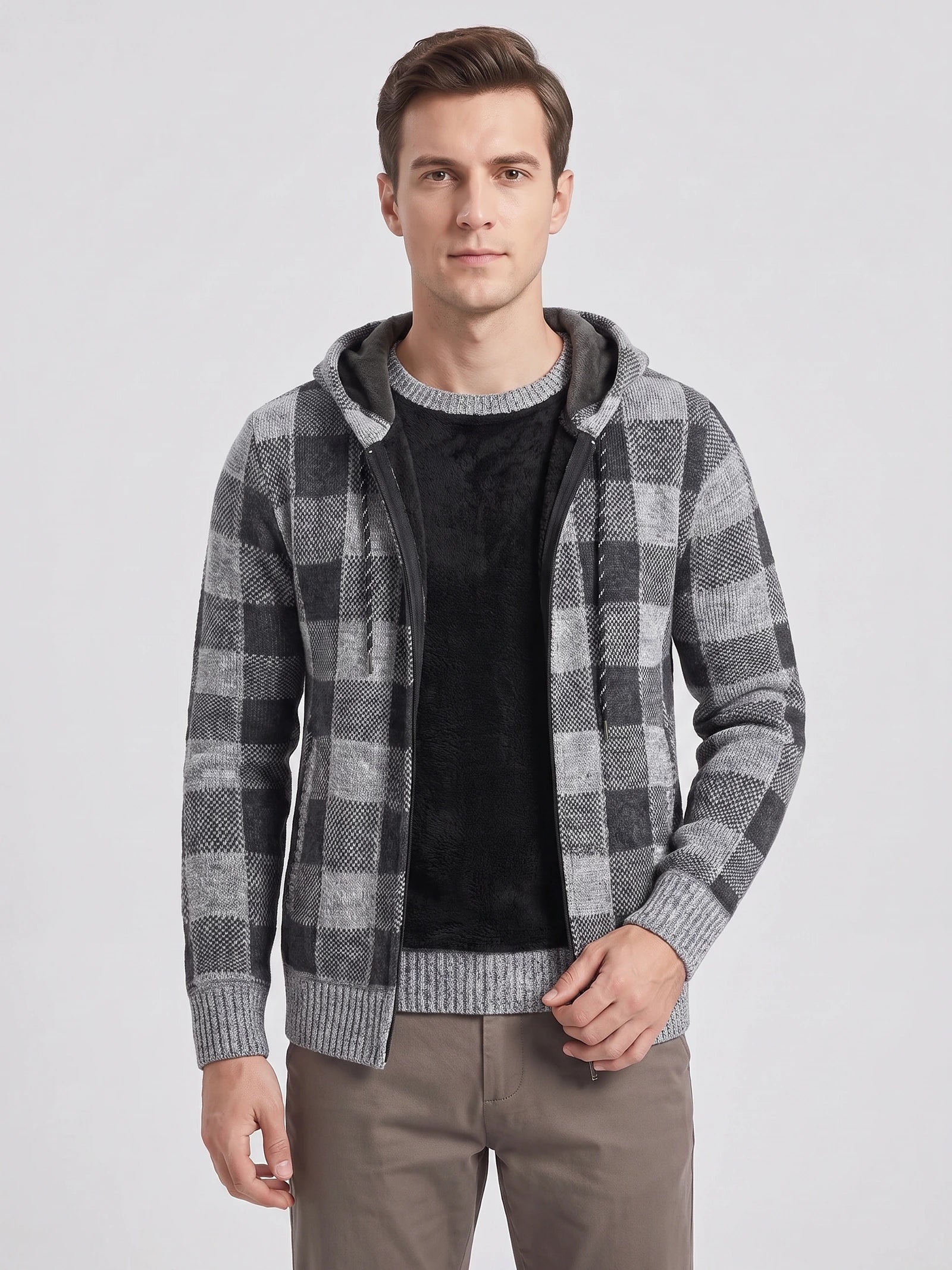 Men's Check Flannel Hooded Fleece Jacket for Autumn Winter Casual Wear