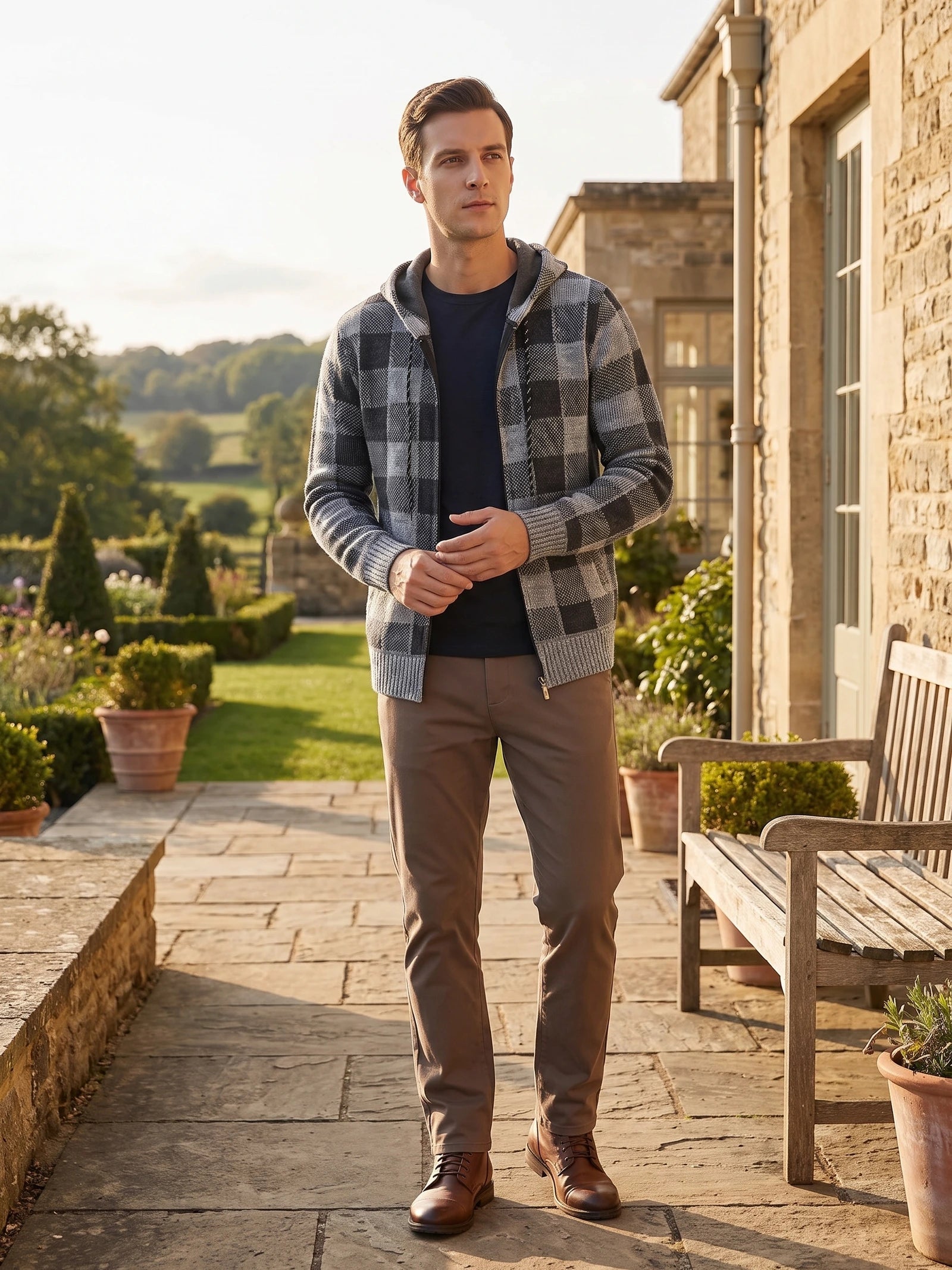Men's Check Flannel Hooded Fleece Jacket for Autumn Winter Casual Wear