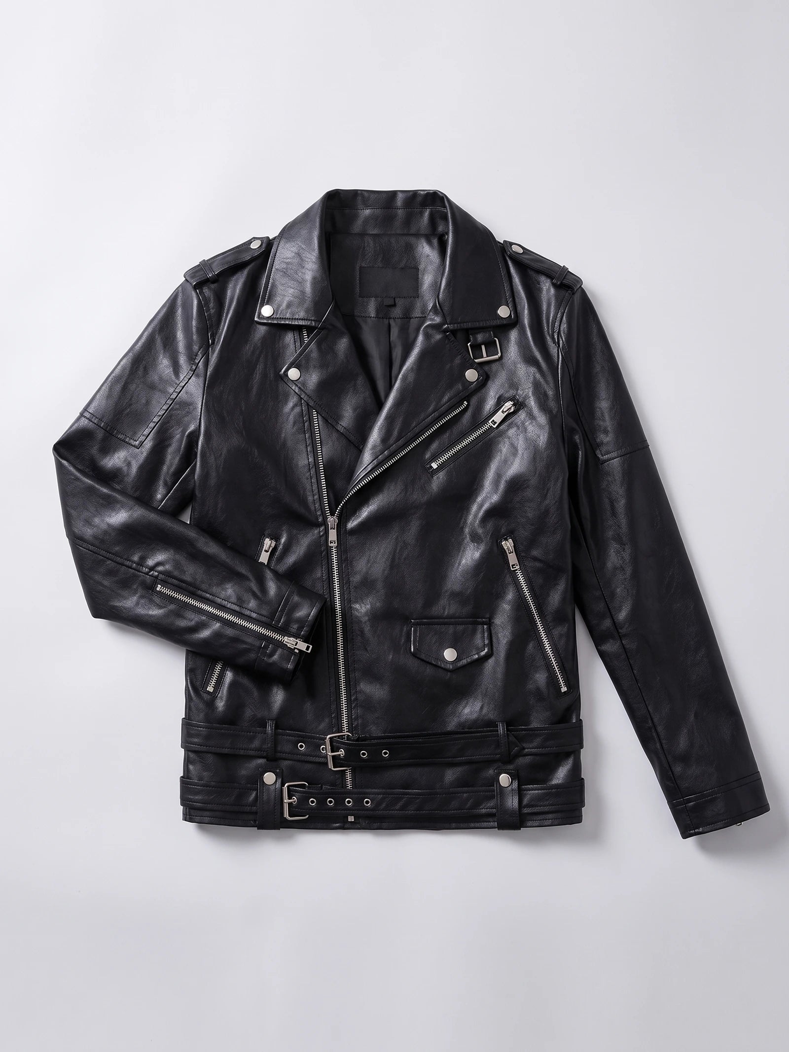 Men's Leather Motorcycle Jacket, Black PU Leather Zip-Front Biker Style