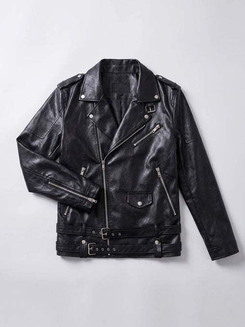 Men's Leather Motorcycle Jacket, Black PU Leather Zip-Front Biker Style