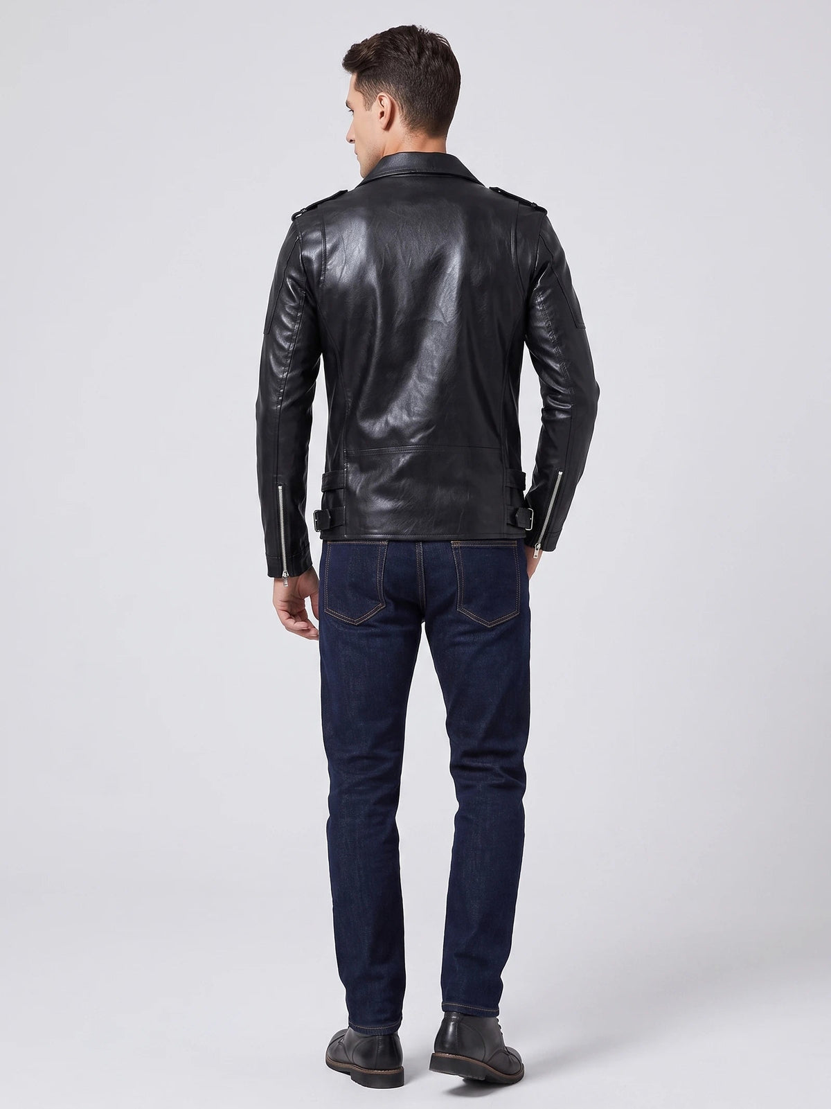 Men's Leather Motorcycle Jacket, Black PU Leather Zip-Front Biker Style