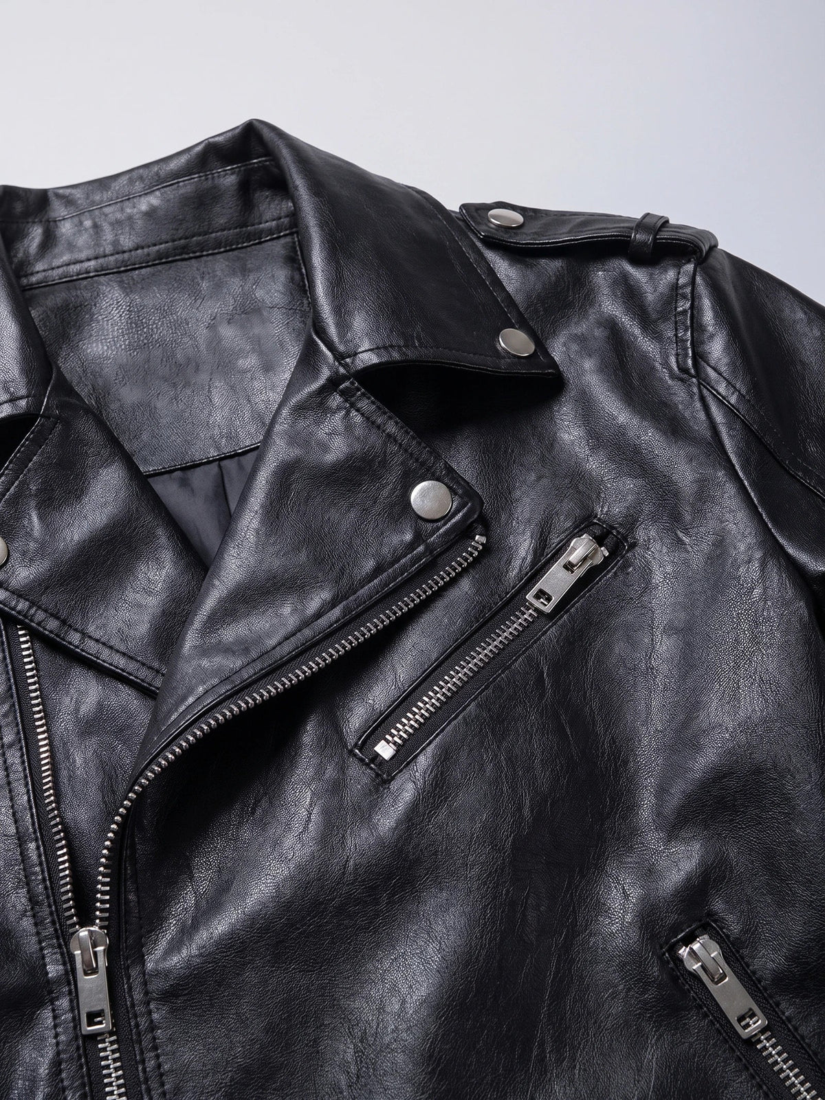Men's Leather Motorcycle Jacket, Black PU Leather Zip-Front Biker Style