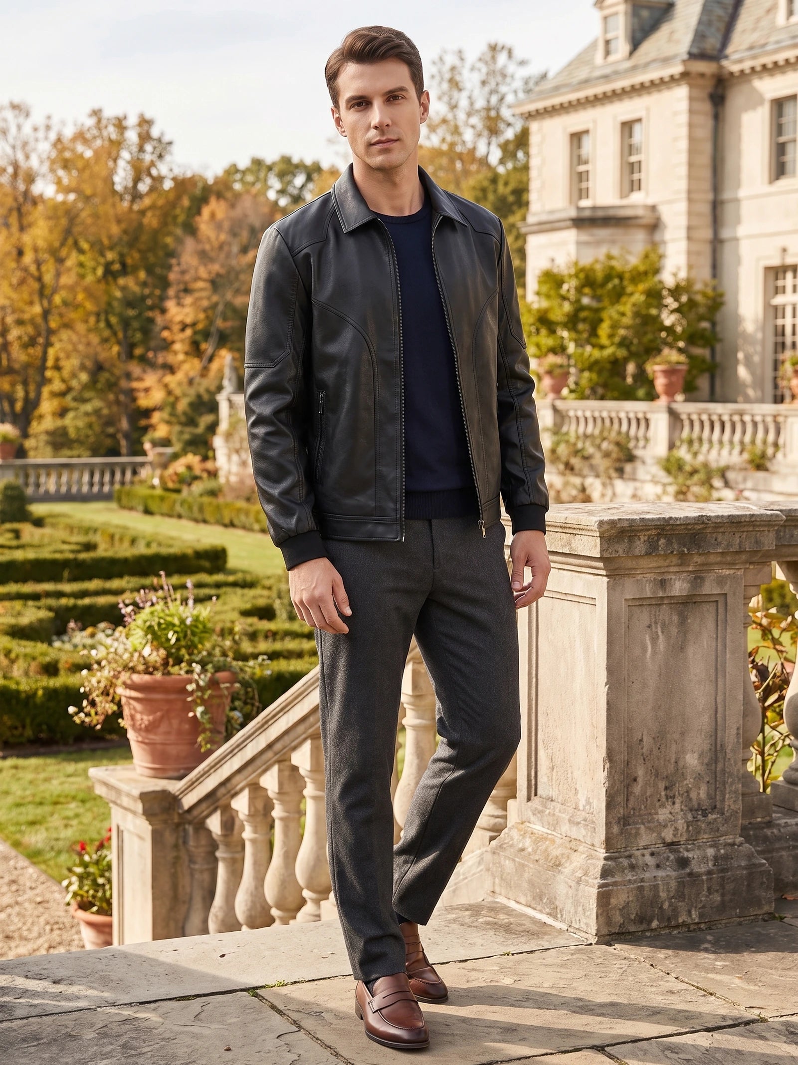 Men's Autumn Jacket Black Bomber Motorcycle Style