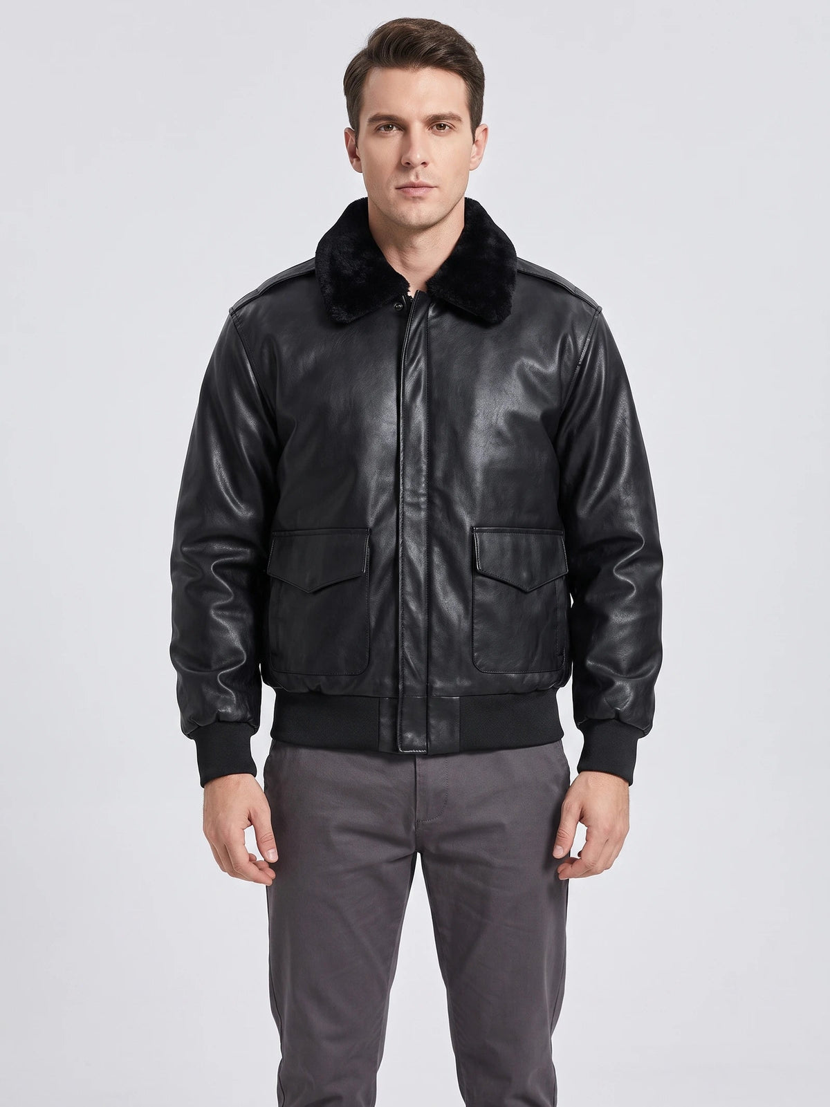 Men's Black Leather Jacket, Padded A-2 Flight Bomber Jacket for Winter