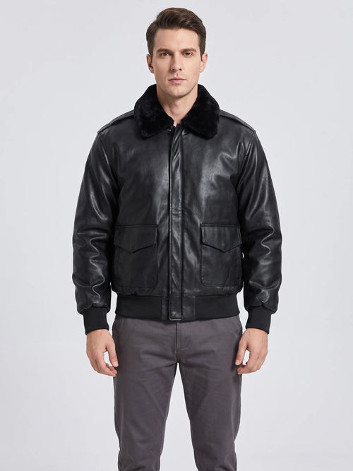 Men's Black Leather Jacket, Padded A-2 Flight Bomber Jacket for Winter