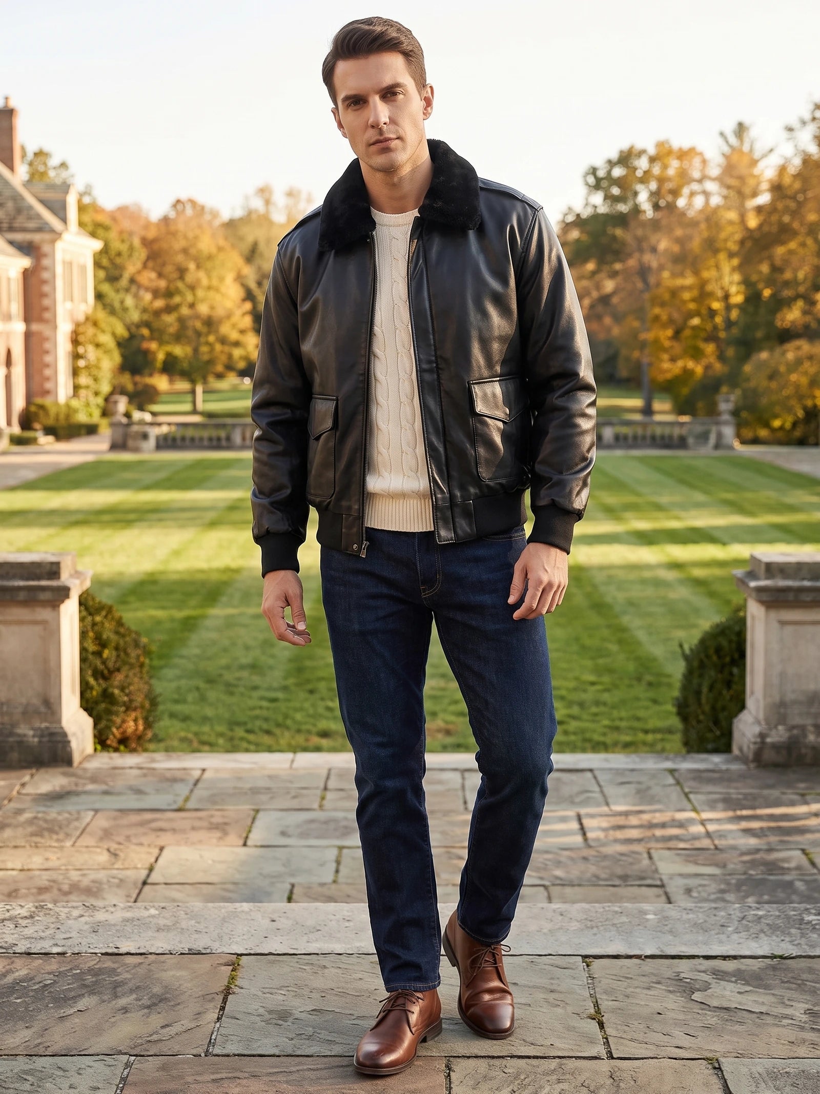 Men's Black Leather Jacket, Padded A-2 Flight Bomber Jacket for Winter